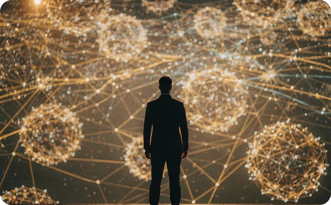 Person viewing a field of connected intelligent systems