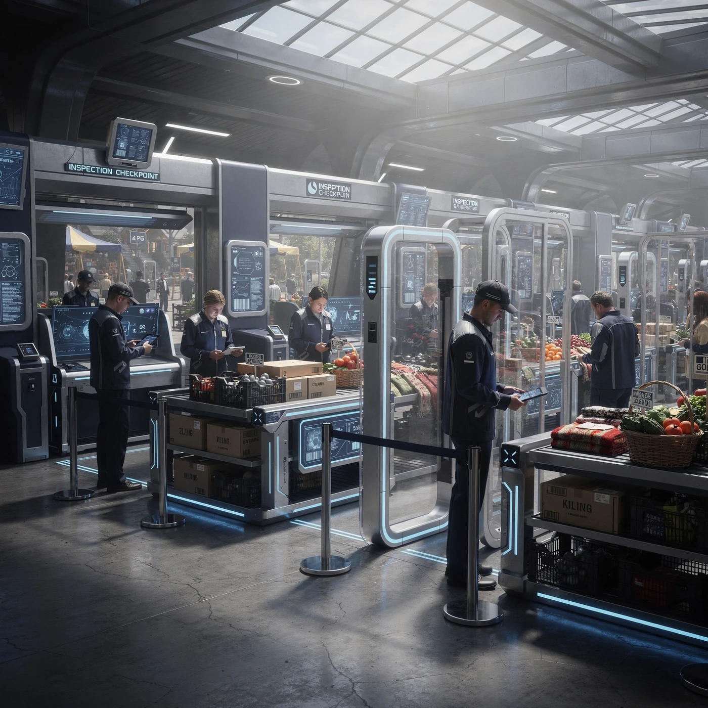 Inspection checkpoints operating inside a busy commercial environment