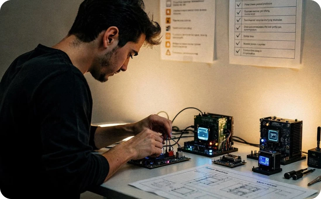 Engineer assembling and testing an agentic system at a workbench